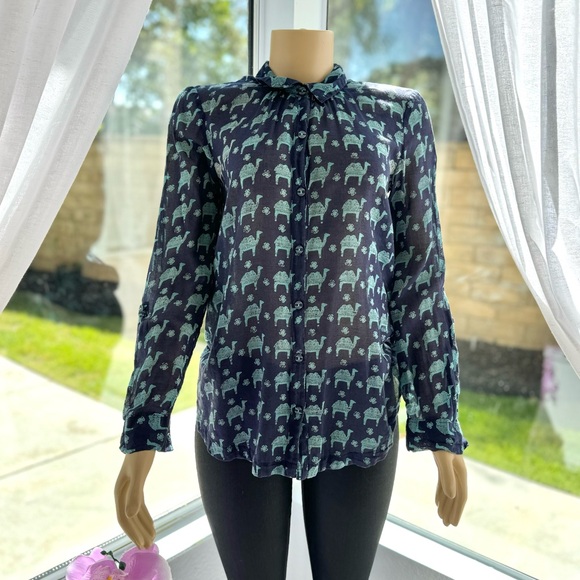 Blue XS Camel Print Button Blouse Shirt Hei Hei Anthropologie Arabian Nights Top - Picture 2 of 9